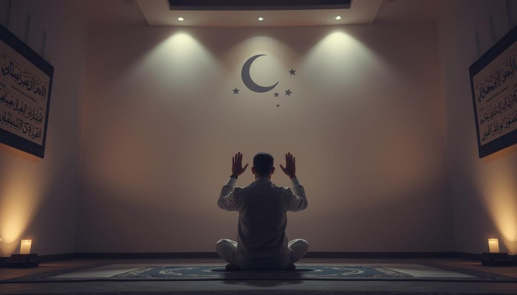A serene, dimly lit interior space, with soft, ambient lighting. At the center, a practitioner sits cross-legged, performing the ritual of ruqyah. Their hands are raised, fingers extended, as they recite verses from the Quran in a concentrated, reverent manner. Surrounding them, Arabic calligraphy adorns the walls, radiating a sense of spirituality and protection. In the background, subtle silhouettes of symbolic Islamic motifs, such as crescents and stars, create a sense of mysticism and tradition. The overall atmosphere conveys a profound, meditative stillness, reflecting the power and sanctity of the ruqyah practice.