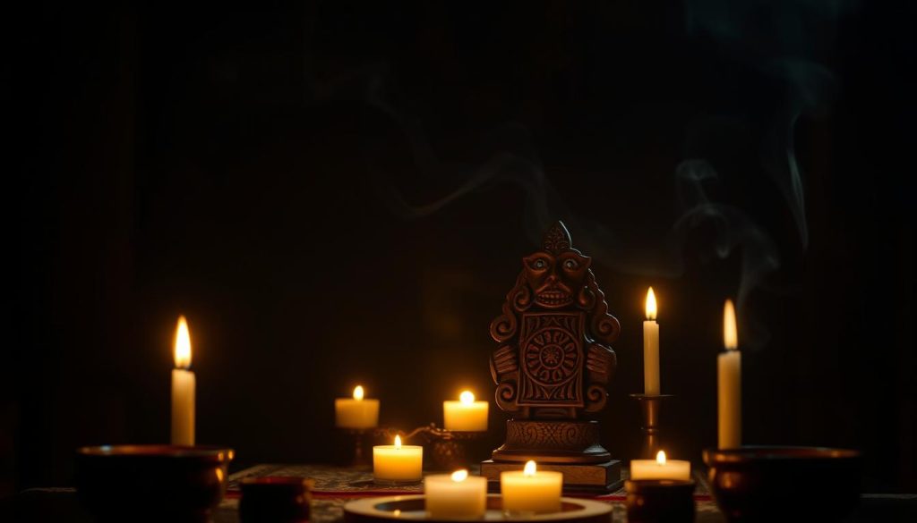A serene, dimly lit room with a central focus on a small altar or shrine. The altar features a carved wooden figurine, adorned with intricate patterns and symbols, representing the act of "quitar mal ojo" or removing the evil eye. Soft candles flicker, casting a warm glow and creating an atmosphere of mysticism and spiritual cleansing. In the background, subtle wisps of smoke from incense drift lazily, adding to the ritualistic ambiance. The overall scene conveys a sense of tranquility, reverence, and the power of traditional practices to ward off negative energies. A serene, dimly lit room with a central focus on a small altar or shrine. The altar features a carved wooden figurine, adorned with intricate patterns and symbols, representing the act of "quitar mal ojo" or removing the evil eye. Soft candles flicker, casting a warm glow and creating an atmosphere of mysticism and spiritual cleansing. In the background, subtle wisps of smoke from incense drift lazily, adding to the ritualistic ambiance. The overall scene conveys a sense of tranquility, reverence, and the power of traditional practices to ward off negative energies.