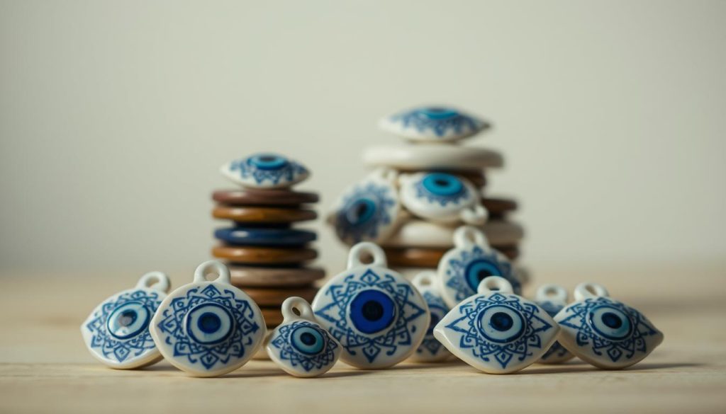 A serene still life showcasing a stack of ornate "ojo turco" (Turkish eye) amulets in a soft, diffused light. The foreground features several white ceramic talismans with intricate blue patterns, arranged in a balanced, visually appealing composition. The middle ground includes additional talismans of varying sizes and hues, creating a layered, harmonious display. The background blends into a subtle, calming gradient, allowing the amulets to take center stage. The overall scene evokes a sense of tranquility, clarity, and the protective symbolism associated with the "ojo turco" motif.