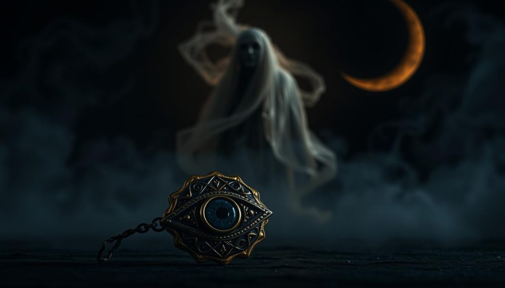 A somber, mystical scene depicting the essence of "mal ojo" (evil eye) in Islamic culture. In the foreground, a detailed eye-shaped amulet or talisman, crafted with intricate patterns and vibrant blues, reds, and golds, symbolizing the protective power against malicious glances. In the middle ground, a wispy, translucent figure with an unsettling, eerie presence, representing the unseen forces of the evil eye. The background depicts a moody, dimly lit environment with swirling, ominous clouds and a crescent moon, evoking a sense of unease and the occult. Dramatic chiaroscuro lighting casts dramatic shadows, heightening the mystical, foreboding atmosphere. Capture the reverence, respect, and cultural significance of the "mal ojo" concept within the Islamic faith. A somber, mystical scene depicting the essence of "mal ojo" (evil eye) in Islamic culture. In the foreground, a detailed eye-shaped amulet or talisman, crafted with intricate patterns and vibrant blues, reds, and golds, symbolizing the protective power against malicious glances. In the middle ground, a wispy, translucent figure with an unsettling, eerie presence, representing the unseen forces of the evil eye. The background depicts a moody, dimly lit environment with swirling, ominous clouds and a crescent moon, evoking a sense of unease and the occult. Dramatic chiaroscuro lighting casts dramatic shadows, heightening the mystical, foreboding atmosphere. Capture the reverence, respect, and cultural significance of the "mal ojo" concept within the Islamic faith.