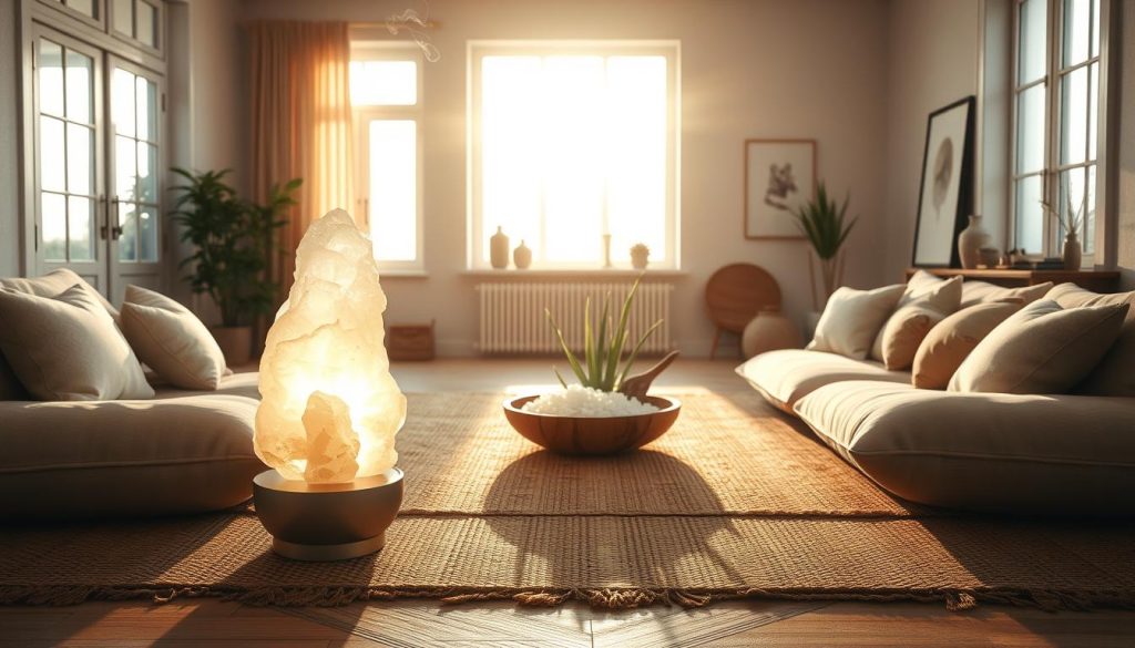 A spacious and airy living room, bathed in warm, golden light filtering through large windows. In the foreground, a large salt crystal lamp casts a soft, soothing glow, its gentle illumination accentuating the natural textures of a woven rug and plush cushions arranged in a harmonious feng shui layout. Subtle wisps of incense drift through the air, creating a calming, meditative atmosphere. In the middle ground, a low wooden table holds a decorative bowl filled with coarse sea salt, surrounded by carefully positioned plants and crystals. The background reveals a simple, uncluttered space, with minimalist art pieces and natural elements like driftwood or bamboo accents, all contributing to a sense of balance and tranquility.