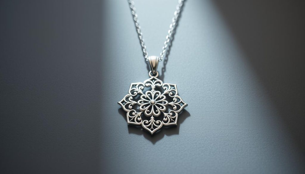 A sterling silver 925 hallmark necklace pendant, beautifully crafted with intricate filigree patterns. The pendant is placed on a gray background, illuminated by soft, diffused lighting that highlights the lustrous sheen of the silver. The scene exudes a sense of refined elegance and timeless sophistication, perfect for showcasing the care and attention required to maintain the pristine appearance of this high-quality jewelry piece.