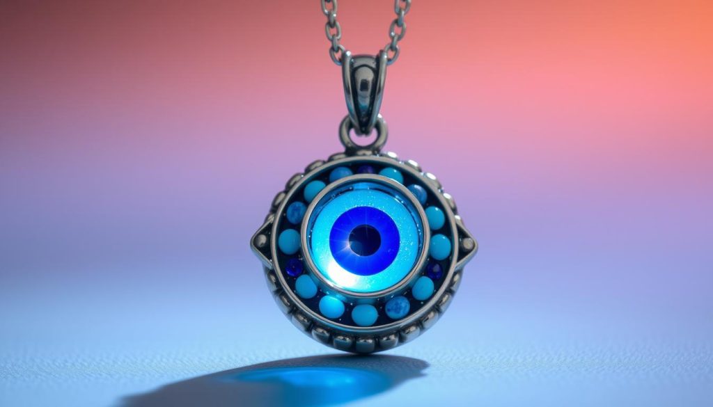 A sterling silver and vivid blue Turkish evil eye pendant, glimmering with a mesmerizing glow. The amulet's intricate design features concentric rings of lapis lazuli, turquoise, and metallic accents, evoking the rich cultural heritage of this ancient protective symbol. Captured in a soft, diffused light that casts gentle shadows, the pendant's smooth surface and elegant shape convey a sense of tranquility and mystique. The background is a soft, hazy blur of complementary shades, allowing the captivating eye-shaped charm to be the central focus. This charming talisman exudes a timeless, elegant aesthetic perfect for daily wear and child-friendly adornment. A sterling silver and vivid blue Turkish evil eye pendant, glimmering with a mesmerizing glow. The amulet's intricate design features concentric rings of lapis lazuli, turquoise, and metallic accents, evoking the rich cultural heritage of this ancient protective symbol. Captured in a soft, diffused light that casts gentle shadows, the pendant's smooth surface and elegant shape convey a sense of tranquility and mystique. The background is a soft, hazy blur of complementary shades, allowing the captivating eye-shaped charm to be the central focus. This charming talisman exudes a timeless, elegant aesthetic perfect for daily wear and child-friendly adornment.