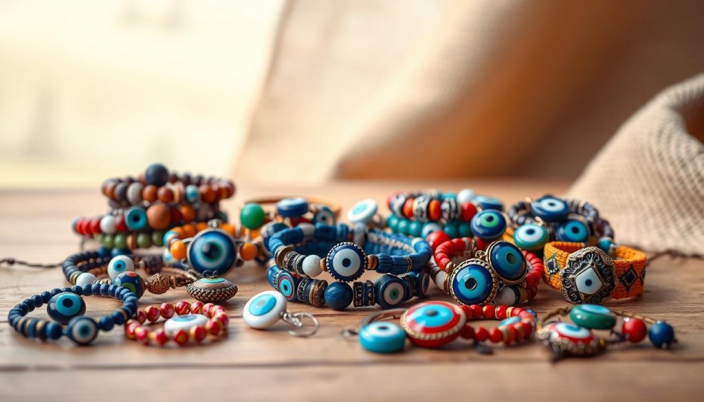 A still life arrangement showcasing an array of authentic Turkish evil eye bracelets. In the foreground, an assortment of vibrant, handcrafted pulseras ojo turco in varying sizes, shapes, and color patterns - some featuring intricate beadwork, others with simple glass or resin charms. The middle ground presents the bracelets elegantly displayed on a smooth, wooden surface, allowing their details to shine. The background subtly fades into a soft, natural setting, perhaps a neutral-toned fabric or a gently blurred natural landscape, creating a sense of balance and harmony. The lighting is gentle, slightly diffused, accentuating the vivid hues and textures of the bracelets. An inviting, artisanal atmosphere, perfect for exploring a personalized accessory ensemble. A still life arrangement showcasing an array of authentic Turkish evil eye bracelets. In the foreground, an assortment of vibrant, handcrafted pulseras ojo turco in varying sizes, shapes, and color patterns - some featuring intricate beadwork, others with simple glass or resin charms. The middle ground presents the bracelets elegantly displayed on a smooth, wooden surface, allowing their details to shine. The background subtly fades into a soft, natural setting, perhaps a neutral-toned fabric or a gently blurred natural landscape, creating a sense of balance and harmony. The lighting is gentle, slightly diffused, accentuating the vivid hues and textures of the bracelets. An inviting, artisanal atmosphere, perfect for exploring a personalized accessory ensemble.