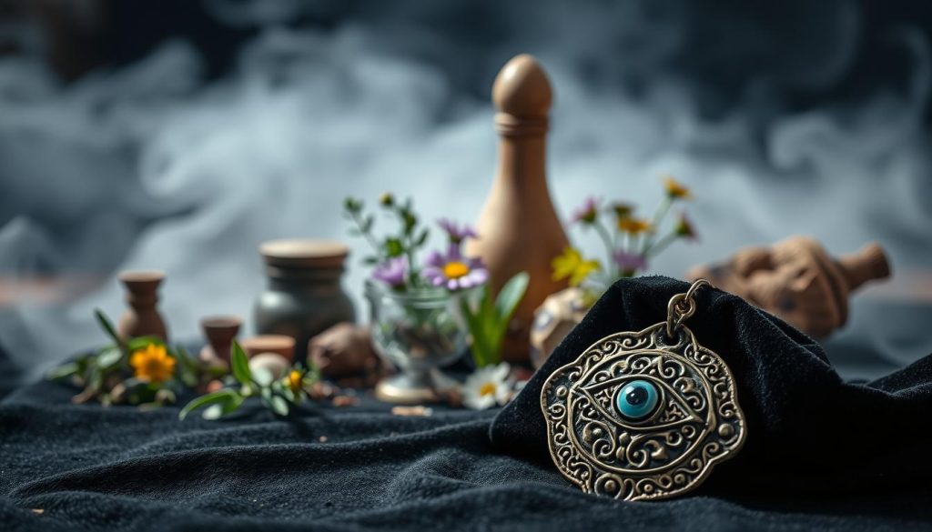 A still life scene of symbolic objects representing "mal ojo protección" (evil eye protection). In the foreground, an ornate amulet or pendant with an intricate eye design rests on a dark velvet cloth. In the middle ground, various herbs, flowers, and other natural elements associated with warding off the evil eye are arranged. The background is hazy and atmospheric, with subtle hints of light and shadow to evoke a sense of mysticism. The overall composition conveys a sense of reverence and the power of protective talismans against malevolent energies. A still life scene of symbolic objects representing "mal ojo protección" (evil eye protection). In the foreground, an ornate amulet or pendant with an intricate eye design rests on a dark velvet cloth. In the middle ground, various herbs, flowers, and other natural elements associated with warding off the evil eye are arranged. The background is hazy and atmospheric, with subtle hints of light and shadow to evoke a sense of mysticism. The overall composition conveys a sense of reverence and the power of protective talismans against malevolent energies.