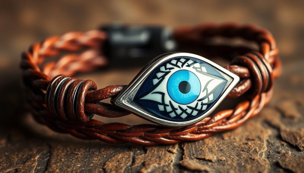 A striking Turkish evil eye bracelet in a masculine design, captured in a high-resolution close-up shot. The bracelet is composed of a woven leather band in a rich, earthy tone, accented by a prominent blue and white evil eye charm. Soft, warm lighting illuminates the textural details of the leather and the intricate patterns on the charm. The composition focuses on the bracelet, filling the frame and creating a sense of scale and importance. The image conveys a sense of mysticism, protection, and a touch of rugged sophistication, perfectly suited to complement the article's section on masculine Turkish evil eye accessory collections.