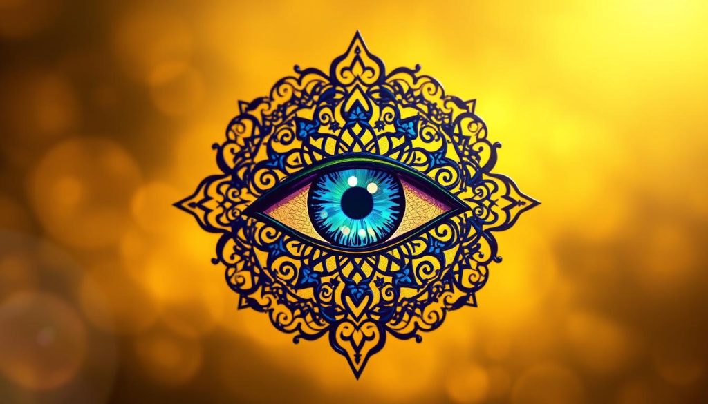 A striking, amulet-like eye in the center of the frame, rendered in rich, vivid blues and greens. The eye is surrounded by a delicate, intricate pattern of swirling, semi-transparent geometric shapes, resembling the traditional Turkish eye motif. The background is a soft, hazy gradient, creating a sense of depth and mysticism. The lighting is warm and diffused, casting a gentle glow over the entire scene. The overall composition conveys a sense of protection, spiritual energy, and timeless cultural significance.