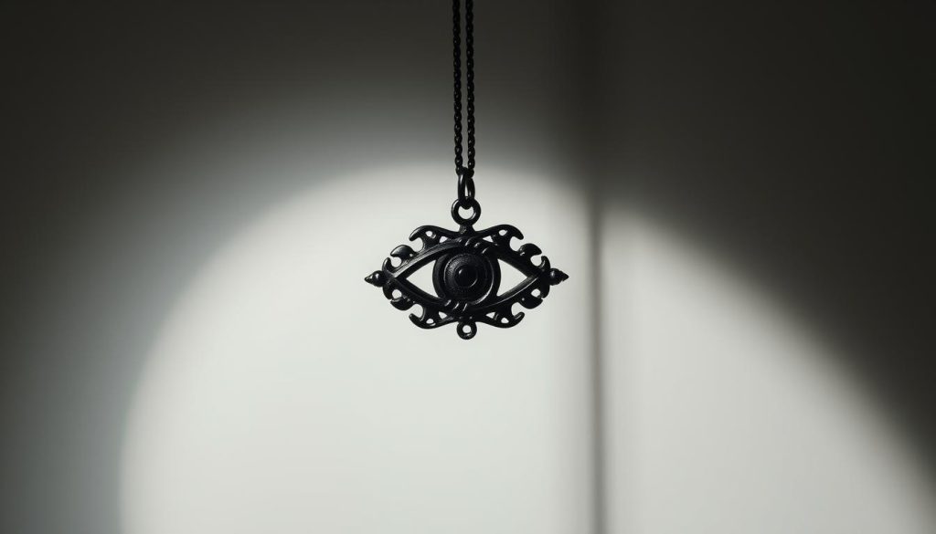 A striking black "ojo turco" amulet suspended against a minimalist backdrop. The amulet is captured in vivid detail, its intricate design and eye-like shape exuding a sense of mystical protection. Soft, directional lighting illuminates the amulet, casting subtle shadows that add depth and dimension. The background is a simple, muted tone, allowing the powerful presence of the amulet to take center stage. The overall composition conveys a sense of understated elegance and the feeling of a talisman that wards off negative energies, reflecting the section title "Protección que se siente, estilo que se ve".
