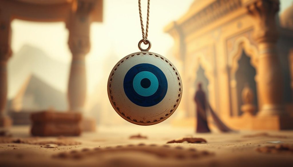 A striking close-up of a traditional "mal ojo" or "evil eye" amulet, cast in warm, earthy tones. The amulet, with its bold blue and white concentric circles, is positioned prominently in the foreground, capturing the viewer's attention. The background is a hazy, dreamlike scene, suggesting ancient Mesopotamian or Middle Eastern influences, with hints of ornate architectural details or natural elements in the distance. The lighting is soft and diffused, creating a sense of mystery and timelessness around the powerful talisman. The overall composition conveys the enduring cultural significance and symbolism of the "mal ojo" motif, connecting the modern viewer to its deep historical roots.