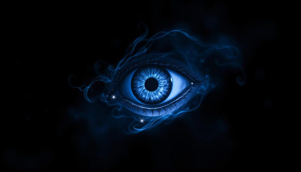 A striking, mystical eye floating in a dark, atmospheric setting. The eye is rendered with intricate detail, its iris swirling with shades of deep blue and purple. Wispy tendrils of energy emanate from the eye, creating a sense of supernatural power and ancient, esoteric forces. The background is shrouded in inky blackness, punctuated by the faint glow of distant stars or motes of mystical energy. Dramatic low-angle lighting casts dramatic shadows, heightening the ominous, foreboding mood. The overall composition suggests the powerful, protective nature of the "mal ojo" or "evil eye" symbol. A striking, mystical eye floating in a dark, atmospheric setting. The eye is rendered with intricate detail, its iris swirling with shades of deep blue and purple. Wispy tendrils of energy emanate from the eye, creating a sense of supernatural power and ancient, esoteric forces. The background is shrouded in inky blackness, punctuated by the faint glow of distant stars or motes of mystical energy. Dramatic low-angle lighting casts dramatic shadows, heightening the ominous, foreboding mood. The overall composition suggests the powerful, protective nature of the "mal ojo" or "evil eye" symbol.