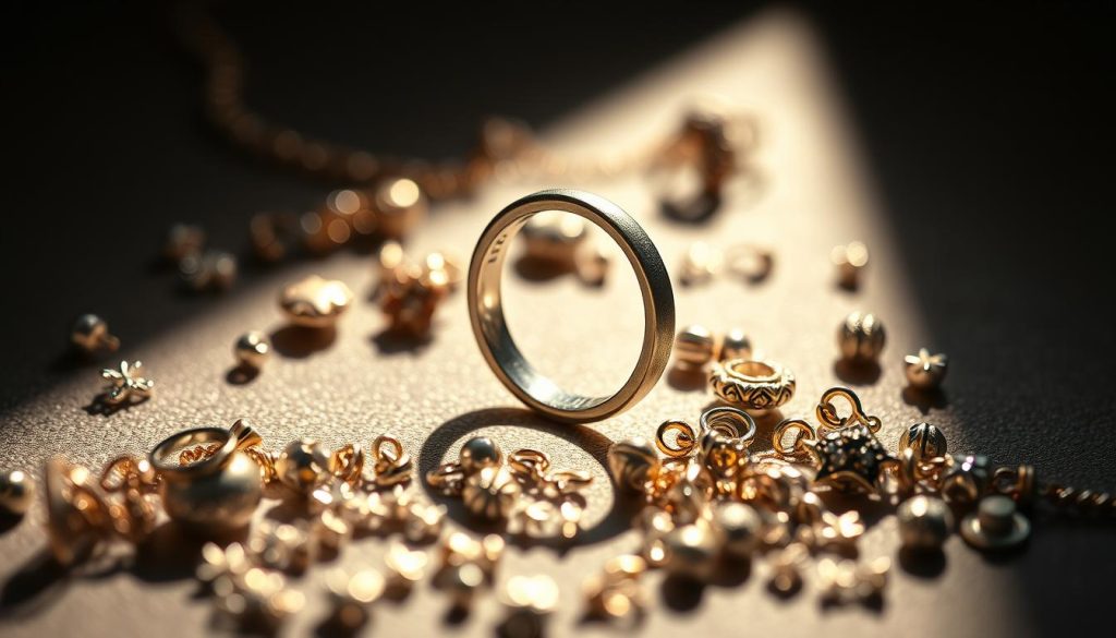 A striking still life composition of 925 silver jewelry elements, captured in a soft, natural light. The centerpiece is a delicate, gleaming 925 silver ring, its polished surface reflecting the gentle illumination. Surrounding it, a scattering of small, intricate silver charms and pendants, each with its own unique design and texture. The overall scene exudes a sense of refined elegance and attention to detail, perfectly complementing the "Materiales que importan: plata ley 925, oro suave y brillo en circonita" section title.