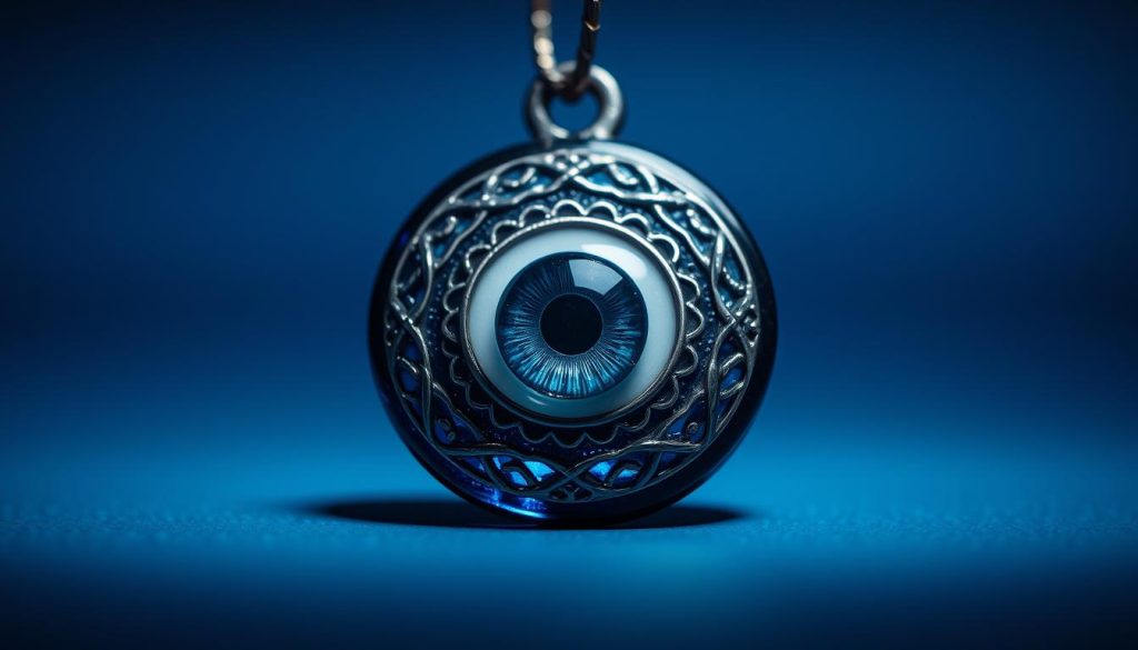 A stunning, close-up, high-resolution photograph of a traditional Turkish evil eye amulet, centered in the frame. The amulet is crafted from richly-hued blue and silver glass, with intricate concentric circles and a piercing, all-seeing eye in the center. The lighting is soft and atmospheric, creating depth and highlights the textures and shadows of the piece. The background is a serene, muted blue gradient that allows the amulet to be the focal point. The overall mood is one of mysticism, protection, and the ancient cultural significance of the Turkish evil eye symbol.