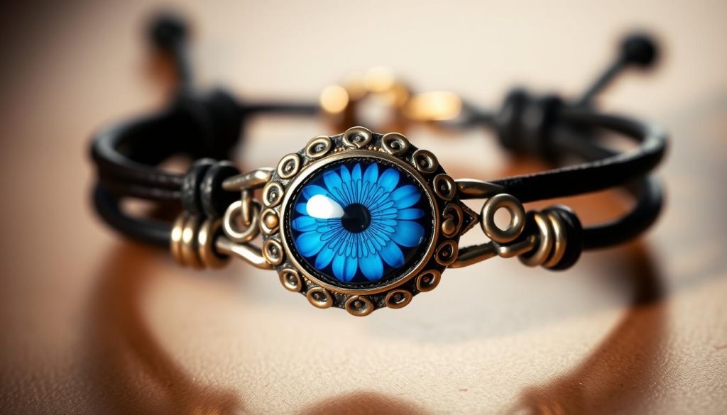 A stunning close-up of a Turkish eye bracelet, crafted with intricate details. The focal point is the central eye charm, rendered in shades of vibrant blue and accented with delicate gold filigree. The bracelet itself is made of high-quality leather or woven cord, with a sleek, adjustable design that can be tailored to the perfect fit. The lighting is soft and diffused, creating a warm, inviting atmosphere that highlights the bracelet's enchanting allure. The background is a muted, neutral tone, allowing the captivating eye motif to take center stage. Captured at a flattering angle, this image perfectly showcases the charm and versatility of the Turkish eye bracelet, making it an ideal visual representation for a guide on finding the ideal size and style.