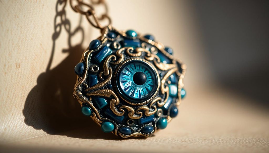 A stunning close-up of a delicate, handmade evil eye amulet in shades of deep blue, turquoise, and gold. The intricate design features an iridescent glass eye at the center, surrounded by swirling patterns and textured surfaces that catch the light. The amulet is captured against a soft, blurred background in neutral tones, creating a sense of depth and focus on the intricate craftsmanship. Dramatic lighting from the side casts gentle shadows, emphasizing the dimensional quality of the piece. The overall mood is one of mysticism, protection, and elegant style.