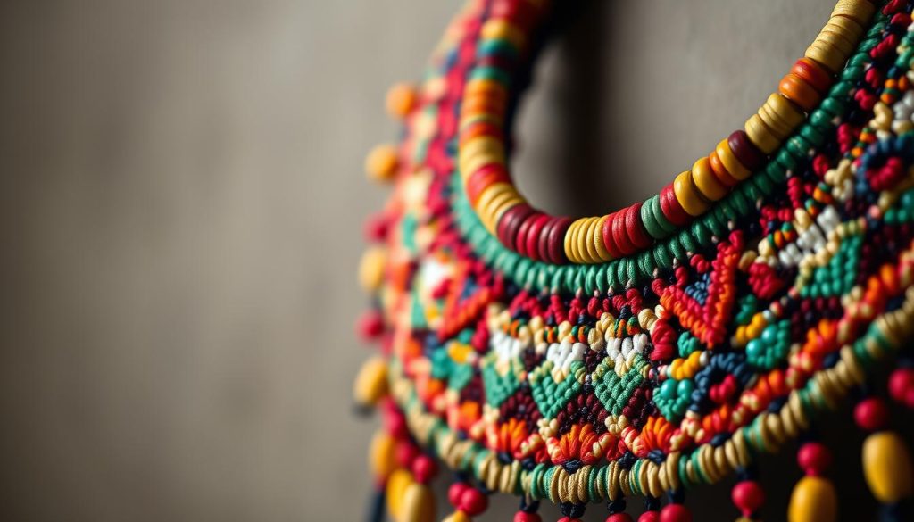A stunning close-up of a traditional Peruvian "collar mati", a vibrant handcrafted necklace featuring intricate woven patterns and colorful beads. Illuminated by soft, diffused lighting, the necklace's textures and details are beautifully captured, drawing the viewer's eye to its captivating design. The necklace is elegantly positioned against a muted, blurred background, allowing it to be the focal point of the image. The overall composition conveys a sense of artisanal craftsmanship and cultural significance, perfectly complementing the article's subject and section title. A stunning close-up of a traditional Peruvian "collar mati", a vibrant handcrafted necklace featuring intricate woven patterns and colorful beads. Illuminated by soft, diffused lighting, the necklace's textures and details are beautifully captured, drawing the viewer's eye to its captivating design. The necklace is elegantly positioned against a muted, blurred background, allowing it to be the focal point of the image. The overall composition conveys a sense of artisanal craftsmanship and cultural significance, perfectly complementing the article's subject and section title.