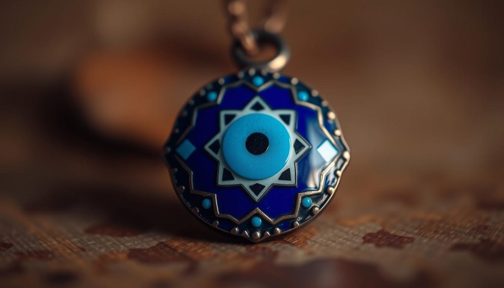 A stunning close-up of a vibrant, ornate Turkish evil eye amulet, captured with a soft, warm lighting that accentuates its intricate details. The amulet's iconic blue and white hues stand out against a blurred, atmospheric background, creating a serene, calming atmosphere. The composition is carefully balanced, drawing the viewer's attention to the central eye symbol, a powerful talisman against misfortune. The image conveys a sense of spiritual protection and tranquility, perfectly suited to illustrate the "Qué hacer al instante: guía breve y respetuosa" section of the article.