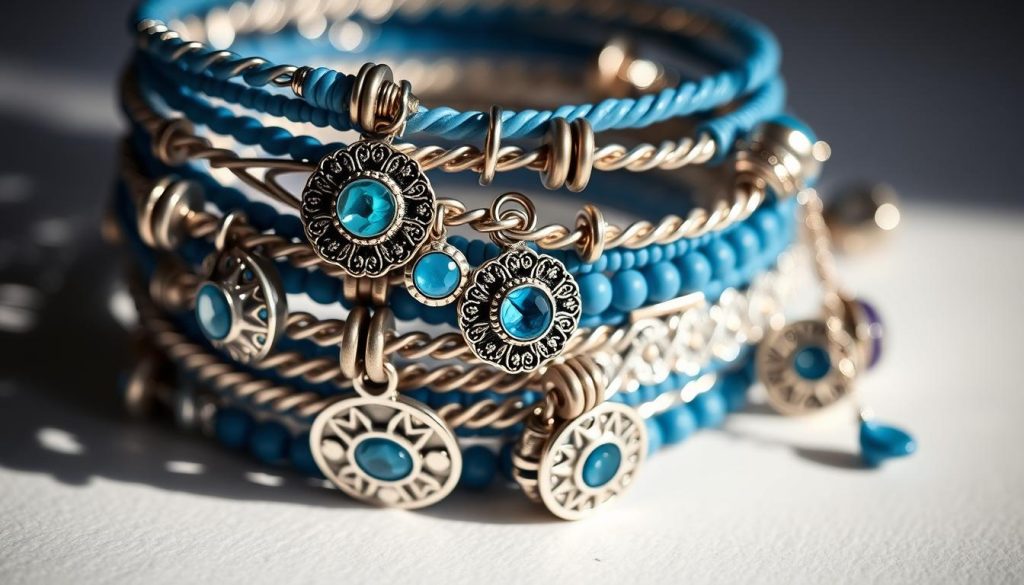 A stunning close-up shot of several intricately stacked ojo turco bracelets, showcasing their intricate design and captivating allure. The bracelets are expertly layered in a harmonious blue and silver color palette, creating a visually captivating and stylish arrangement. The image is captured with a shallow depth of field, focusing the viewer's attention on the mesmerizing details of the charms and their delicate chain links. Soft, directional lighting illuminates the bracelets, accentuating their shimmering metallic tones and casting subtle shadows that add depth and dimension to the composition. The overall mood is one of elegance, sophistication, and a touch of bohemian flair, perfectly complementing the "Combina y crea tu estilo: stacking y layering en azul y plata" section of the article. A stunning close-up shot of several intricately stacked ojo turco bracelets, showcasing their intricate design and captivating allure. The bracelets are expertly layered in a harmonious blue and silver color palette, creating a visually captivating and stylish arrangement. The image is captured with a shallow depth of field, focusing the viewer's attention on the mesmerizing details of the charms and their delicate chain links. Soft, directional lighting illuminates the bracelets, accentuating their shimmering metallic tones and casting subtle shadows that add depth and dimension to the composition. The overall mood is one of elegance, sophistication, and a touch of bohemian flair, perfectly complementing the "Combina y crea tu estilo: stacking y layering en azul y plata" section of the article.