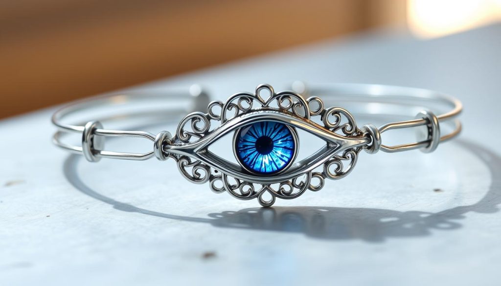 A stunning silver Turkish evil eye bracelet, exquisitely crafted with intricate filigree details. The central eye motif shimmers with a mesmerizing blue hue, emanating an aura of protection and divine energy. The bracelet's sleek, minimalist design is accentuated by the lustrous sterling silver, lending an elegant and sophisticated look. Delicate yet durable, this bracelet is the perfect accessory to adorn the wrist, effortlessly elevating any daily ensemble with its captivating charm and symbolic significance. Soft, natural lighting casts a warm glow, highlighting the bracelet's polished surfaces and intricate textures, creating a serene and calming atmosphere. A stunning silver Turkish evil eye bracelet, exquisitely crafted with intricate filigree details. The central eye motif shimmers with a mesmerizing blue hue, emanating an aura of protection and divine energy. The bracelet's sleek, minimalist design is accentuated by the lustrous sterling silver, lending an elegant and sophisticated look. Delicate yet durable, this bracelet is the perfect accessory to adorn the wrist, effortlessly elevating any daily ensemble with its captivating charm and symbolic significance. Soft, natural lighting casts a warm glow, highlighting the bracelet's polished surfaces and intricate textures, creating a serene and calming atmosphere.