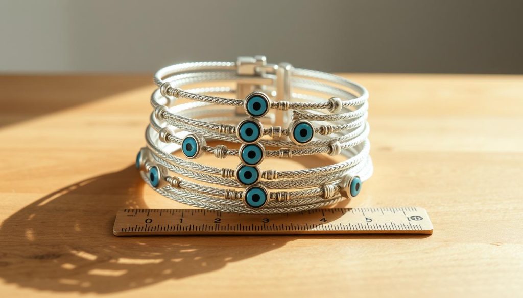 A stunning silver bracelet stack, gracefully piled upon a smooth, wooden surface. The bracelets glimmer under soft, natural lighting, capturing the intricate details of their woven patterns and clasp designs. The middle ground features a ruler, subtly placed to convey the idea of measuring one's wrist for the perfect fit. The background maintains a minimalist, uncluttered aesthetic, allowing the jewelry to be the focal point. The overall mood is one of elegance and refinement, perfectly suited to illustrate the art of stacking and measuring Turkish evil eye bracelets.