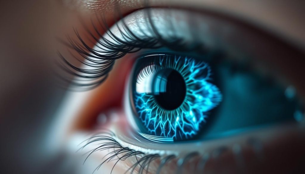 A stunning silver eye, its iris shimmering with intricate azure patterns that catch the light. The eye is presented in a close-up, high-resolution view, revealing every delicate detail of the striking blue-silver color scheme. The lighting is soft and diffused, creating a sense of depth and dimension. The background is subtly out of focus, allowing the eye to be the central focus of the composition. The overall mood is one of elegance, sophistication, and a touch of mystery, perfectly suited to illustrate the section on carrying the eye in style.