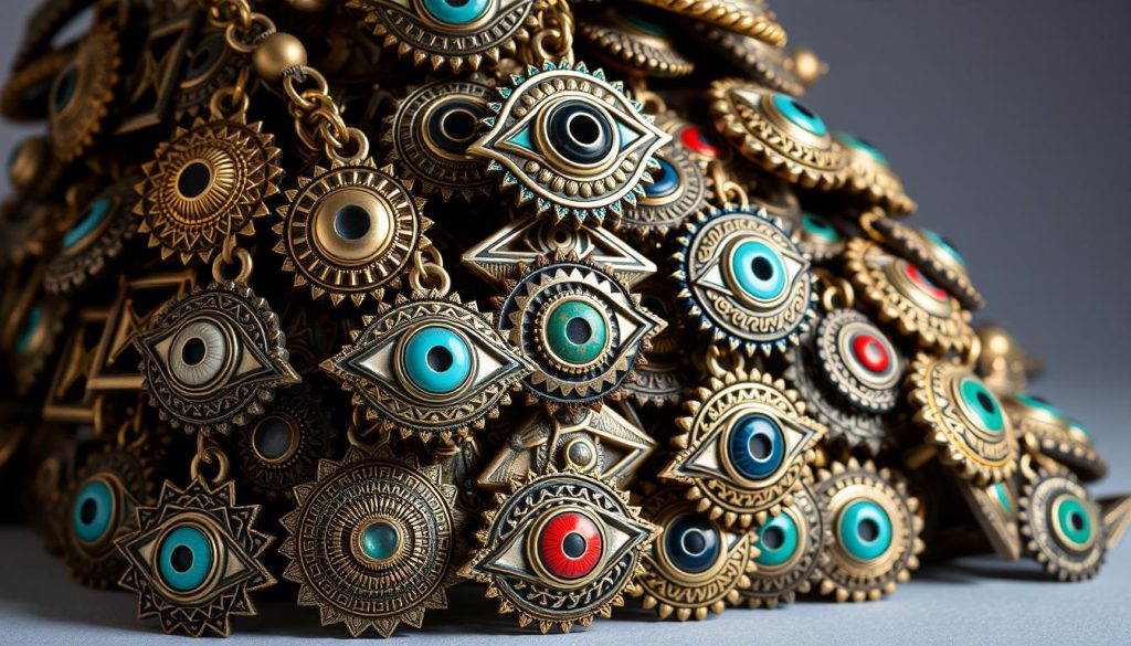 A tightly stacked arrangement of intricately carved and ornate Turkish eye amulets, with a mix of bold geometric patterns, delicate filigree, and vibrant enamel accents. Diffused studio lighting illuminates the depth and texture of the layered design, casting soft shadows that enhance the three-dimensional effect. The pieces are photographed at a slight angle, creating a dynamic, visually engaging composition that showcases the stacked, overlapping elements in a cohesive, harmonious style.