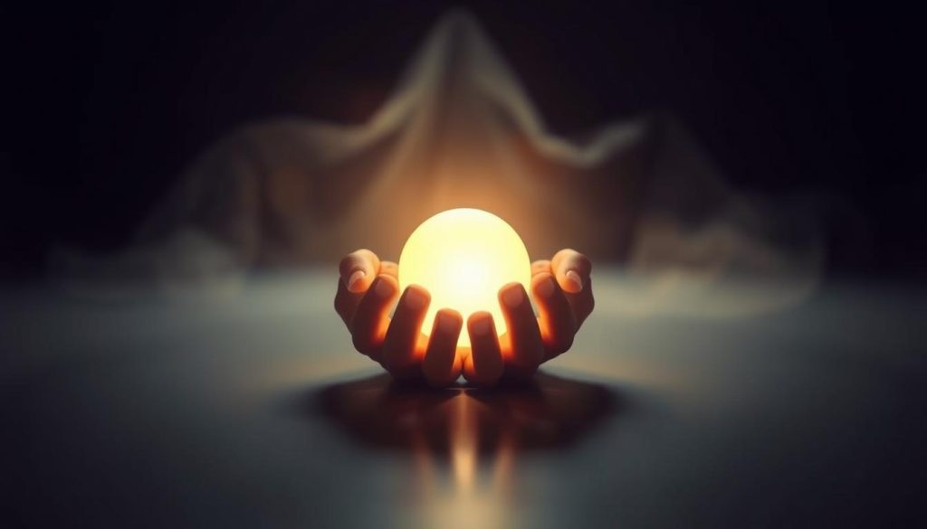 A tranquil, dimly lit scene depicting a symbolic representation of protection. In the foreground, a pair of cupped hands cradling a glowing, ethereal sphere of light, emanating a soothing, warm energy. The middle ground features a serene, minimalist backdrop, with soft, diffused lighting and muted tones, creating an atmosphere of calm and introspection. In the background, a faint, ethereal veil or aura of protective energy surrounds the scene, subtly enveloping the central figure. The overall composition conveys a sense of serenity, inner strength, and the shielding of one's spiritual well-being from negative influences.