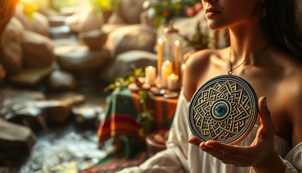 A tranquil, holistic scene depicting the expulsion of "mal ojo" (evil eye). In the foreground, a serene figure holds a symbolic amulet, its surface adorned with mystical patterns. The middle ground features an altar draped in vibrant fabrics, adorned with candles, herbs, and other protective talismans. In the background, a softly lit environment with natural elements such as flowing water and lush foliage, conveying a sense of harmony and renewal. The lighting is warm and ambient, creating a calming, meditative atmosphere. The overall composition evokes a sense of balance, introspection, and the power of holistic practices to dispel negative energies.