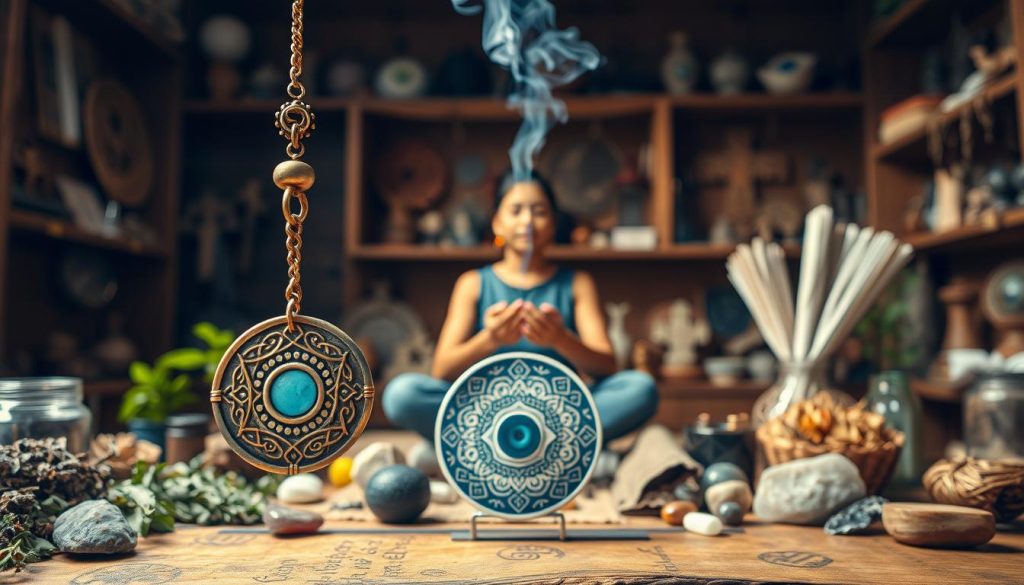A tranquil scene of protection against the evil eye, set against a warm, earthy backdrop. In the foreground, an intricately crafted talisman hangs from a delicate chain, its intricate symbols and patterns casting a protective glow. Surrounding it, an array of natural elements such as herbs, stones, and crystals, each imbued with their own cleansing and shielding properties. In the middle ground, a serene, meditative figure sits in a state of calm, their hands gently cupping a smoldering bundle of sage, the smoke wafting upwards, purifying the air. Behind them, a softly lit, rustic interior, with wooden shelves displaying an assortment of protective charms and talismans, each one a testament to the power of ancient traditions and the human desire to ward off negative energies.