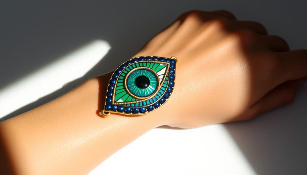 A vibrant Turkish eye-shaped bracelet rests gracefully on a soft, tanned human wrist. The intricate design features bold blues, deep greens, and warm golds, creating an eye-catching, mystical aesthetic. The bracelet is illuminated by a soft, diffused lighting, casting gentle shadows that accentuate the textured surfaces and three-dimensional details. The overall composition is framed in a clean, minimalist setting, allowing the bracelet to be the central focus, inviting the viewer to admire its symbolic and cultural significance.