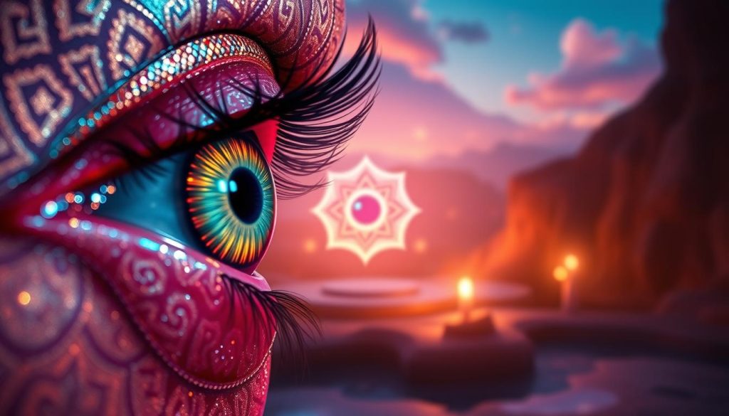 A vibrant and mystical depiction of the "mal ojo," or the evil eye, manifesting as a radiant and hypnotic gaze. In the foreground, a close-up of an eye adorned with intricate patterns and shimmering hues, its intensity captivating the viewer. The middle ground showcases a serene, yet powerful amulet or talisman, its symbolic design reflecting the cultural significance of the "mal ojo" and its protective properties. The background features a dreamlike, ethereal landscape, evoking a sense of spiritual connection and the mystical forces at play. Warm, ambient lighting bathes the scene, creating a sense of serenity and balance, emphasizing the benefits and meaning of the "mal ojo" in daily life. A vibrant and mystical depiction of the "mal ojo," or the evil eye, manifesting as a radiant and hypnotic gaze. In the foreground, a close-up of an eye adorned with intricate patterns and shimmering hues, its intensity captivating the viewer. The middle ground showcases a serene, yet powerful amulet or talisman, its symbolic design reflecting the cultural significance of the "mal ojo" and its protective properties. The background features a dreamlike, ethereal landscape, evoking a sense of spiritual connection and the mystical forces at play. Warm, ambient lighting bathes the scene, creating a sense of serenity and balance, emphasizing the benefits and meaning of the "mal ojo" in daily life.