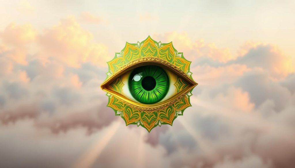 A vibrant and mystical green eye, the Turkish eye, floats in a serene, ethereal landscape. The iris, a deep, verdant hue, is encircled by intricate golden patterns, radiating power and protection. The eye is set against a backdrop of softly blurred, pastel-hued clouds, creating a sense of tranquility and balance. Gentle beams of warm, golden light filter through, casting a gentle glow upon the eye. The composition is harmonious, with the eye as the central, captivating focus, symbolizing growth, harmony, and the universal energy that flows through all things.