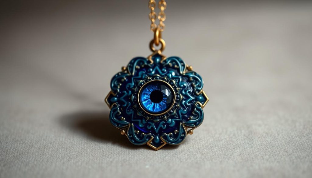 A vibrant and ornate blue "ojo turco" pendant, centered in the frame, catching the light with a lustrous sheen. The pendant is meticulously crafted, featuring intricate details and patterns that evoke the rich cultural heritage of this protective symbol. The pendant is elegantly suspended on a delicate gold chain, creating a harmonious contrast. The background is a softly blurred, neutral tone, allowing the jewelry piece to be the focal point. The lighting is gentle, creating subtle shadows that accentuate the dimensional aspects of the design. The overall mood is one of elegance, refinement, and the timeless allure of this symbolic talisman.