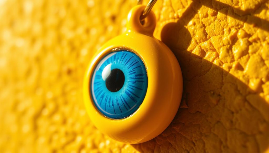 A vibrant, close-up image of a traditional Turkish evil eye amulet, or "ojo turco amarillo". The amulet is rendered in a striking yellow color, symbolizing energy and joy. The eye itself is rendered in a hypnotic, piercing blue, set against a detailed textured background that evokes the craftsmanship of this ancient protective talisman. Warm, natural lighting illuminates the amulet, casting soft shadows that accentuate its intricate design. The image is framed and focused to highlight the captivating gaze of the eye, conveying a sense of mysticism and the amulet's power to ward off negative energies.