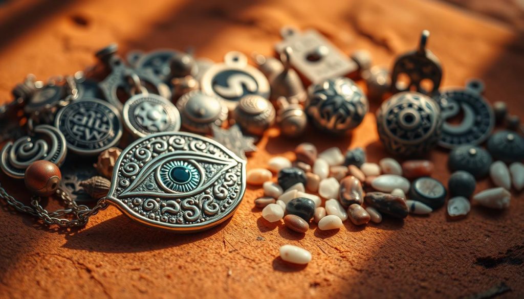 A vibrant collection of Turkish amulets, or "amuletos," arranged on a warm, earthy surface. In the foreground, a striking eye-shaped talisman, the iconic "Nazar Boncuk," glimmers with intricate patterns and a mesmerizing gaze. Surrounding it, an assortment of symbolic charms, each with its own unique shape and texture - crescent moons, spheres, and intricate pendants. The middle ground features a scattering of small, carefully curated stones, crystals, and shells, adding depth and a sense of natural elegance. The background is softly blurred, allowing the amulets to take center stage, illuminated by a warm, natural light that casts gentle shadows and highlights the rich, textured surfaces.