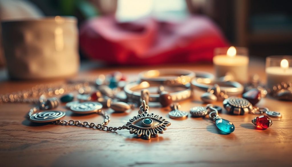 A vibrant collection of amulets and talismans in a soft, warm light. In the foreground, a delicate necklace with an intricate pendant in the shape of an eye, radiating a protective energy. Surrounding it, an array of charms - ancient symbols, polished stones, and gleaming metals - arranged with care on a wooden surface. The middle ground features a set of bracelets, each adorned with unique symbols imbued with mystical powers. In the background, a blurred, cozy environment suggests a serene, intimate space, allowing the jewelry to take center stage. The overall scene evokes a sense of elegance, spirituality, and daily empowerment against the malevolent gaze.