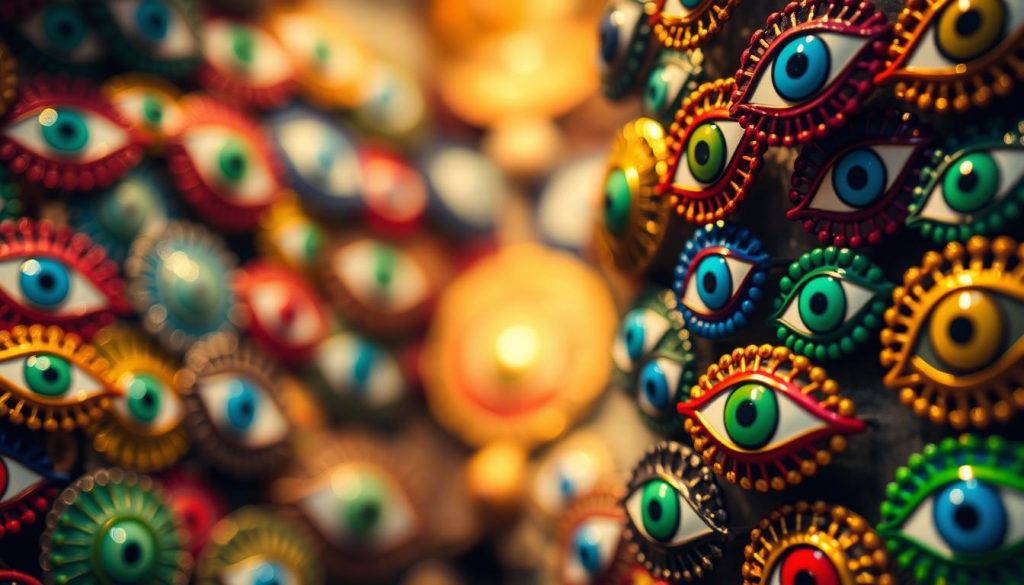 A vibrant display of Turkish eye symbols, captured in a tightly framed, close-up composition. The foreground showcases a rich tapestry of intricate, eye-shaped motifs in a captivating array of colors - deep blues, vibrant greens, vivid reds, and shimmering golds. The middle ground subtly blurs, allowing the eye designs to take center stage, while the background fades into a soft, hazy gradient that amplifies the mystical, otherworldly atmosphere. Soft, diffused lighting from above casts gentle shadows, lending depth and dimensionality to the ornate patterns. The overall mood is one of cultural significance, spiritual resonance, and decorative elegance. A vibrant display of Turkish eye symbols, captured in a tightly framed, close-up composition. The foreground showcases a rich tapestry of intricate, eye-shaped motifs in a captivating array of colors - deep blues, vibrant greens, vivid reds, and shimmering golds. The middle ground subtly blurs, allowing the eye designs to take center stage, while the background fades into a soft, hazy gradient that amplifies the mystical, otherworldly atmosphere. Soft, diffused lighting from above casts gentle shadows, lending depth and dimensionality to the ornate patterns. The overall mood is one of cultural significance, spiritual resonance, and decorative elegance.