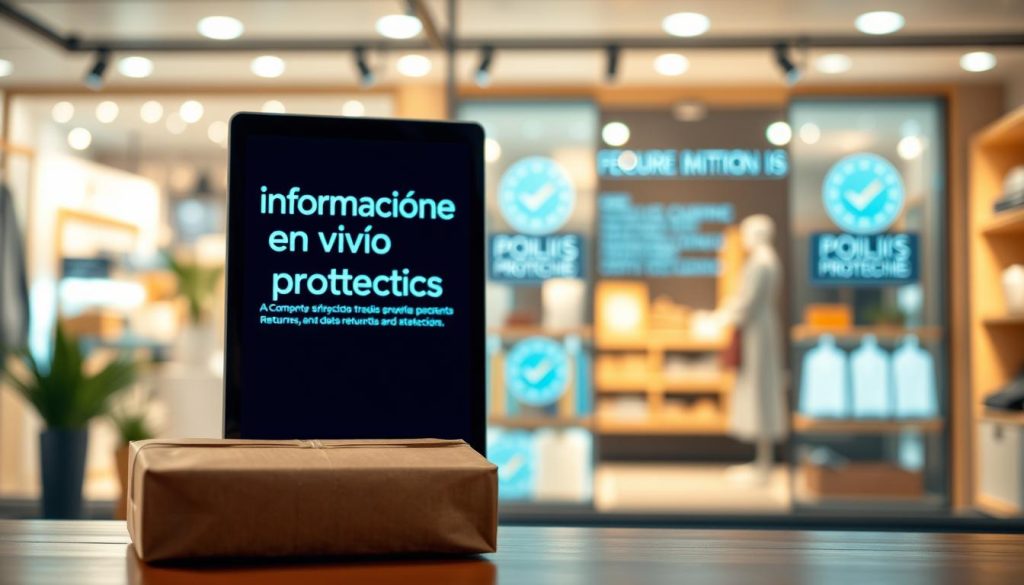 A vibrant e-commerce scene with a central focus on "información envío y protección", set against a backdrop of a warm, inviting storefront. The foreground features a modern package with clean lines and an elegant design, representing secure shipping and delivery. In the middle ground, a digital screen displays key information about policies, returns, and customer protections, conveying a sense of trust and transparency. The background showcases a cozy, well-lit retail space, hinting at the overall shopping experience. The lighting is soft and diffused, creating a calming, professional atmosphere. The composition is balanced and visually appealing, with a clear emphasis on the core subject matter.