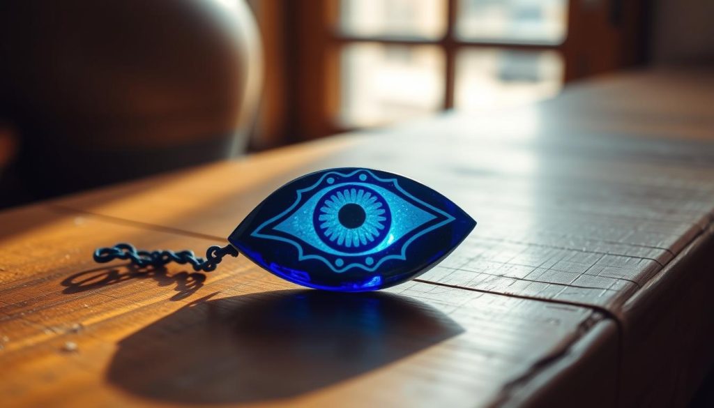 A vibrant, handmade Turkish evil eye amulet, or "ojo amuleto," rests on a warm, weathered wooden surface. The amulet's deep blue hues and intricate patterns cast a soothing, protective glow, radiating a sense of ancient mysticism. Soft, natural lighting from an unseen window illuminates the amulet, casting gentle shadows that accentuate its three-dimensional form. The scene evokes a sense of tranquility and everyday domestic ritual, inviting the viewer to contemplate the cultural significance and everyday use of this traditional talisman.