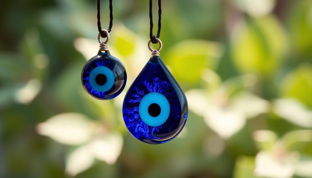 A vibrant, intricate Turkish evil eye amulet, its deep blue glass surface shimmering under soft, diffused natural lighting. The eye-shaped talisman is suspended in the foreground, casting a comforting, protective gaze. The middle ground features a serene, blurred background of soothing sage-green foliage, evoking a sense of tranquility. The overall composition exudes a calming, spiritually-attuned atmosphere, reflecting the amulet's purpose as a daily protector and bringer of beauty. A vibrant, intricate Turkish evil eye amulet, its deep blue glass surface shimmering under soft, diffused natural lighting. The eye-shaped talisman is suspended in the foreground, casting a comforting, protective gaze. The middle ground features a serene, blurred background of soothing sage-green foliage, evoking a sense of tranquility. The overall composition exudes a calming, spiritually-attuned atmosphere, reflecting the amulet's purpose as a daily protector and bringer of beauty.