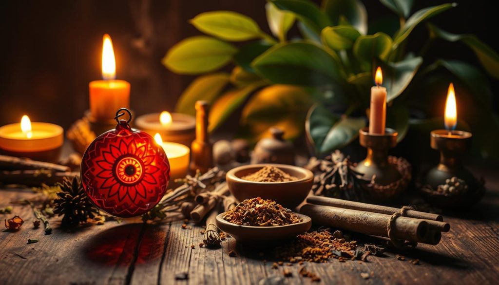 A vibrant, ornate still life displaying a collection of items central to the rituals and protective practices of the Turkish evil eye belief. In the foreground, an intricately patterned glass or ceramic Turkish evil eye amulet in a deep, rich red hue sits atop a worn, weathered wooden surface. Surrounding it, an array of dried herbs and botanicals, incense sticks, and candles in warm, flickering light, creating an atmosphere of mysticism and reverence. In the middle ground, a small clay bowl or dish filled with aromatic spices and powders, used in purification ceremonies. In the background, a lush, verdant plant with broad, waxy leaves, symbolizing the life-giving force and nourishment of nature. Dramatic, moody lighting casts deep shadows, enhancing the contemplative, ceremonial mood.