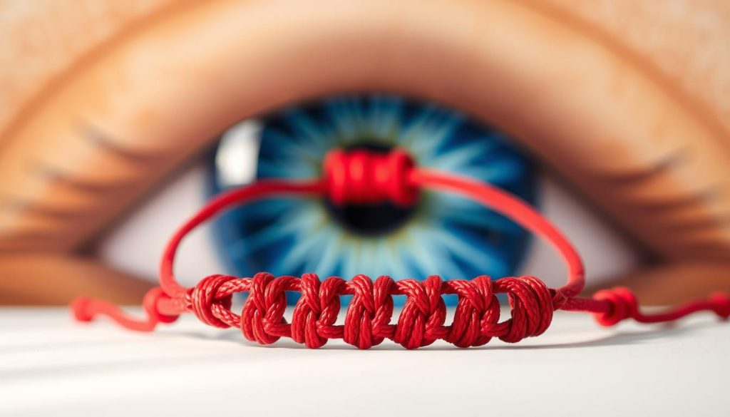 A vibrant red bracelet with seven distinct knots, each one representing a symbolic connection, rests against a backdrop of a mesmerizing blue eye. The bracelet, handcrafted with care, exudes an aura of protection and positive energy, its intricate design drawing the viewer in. Soft, diffused lighting illuminates the scene, creating a serene and calming atmosphere. The eye, a captivating focal point, appears to gaze back, embodying a sense of ancient wisdom and mystical significance. This harmonious composition captures the essence of the union between the crimson bracelet and the enchanting blue eye, conveying a sense of balance and the power of symbolic adornments.