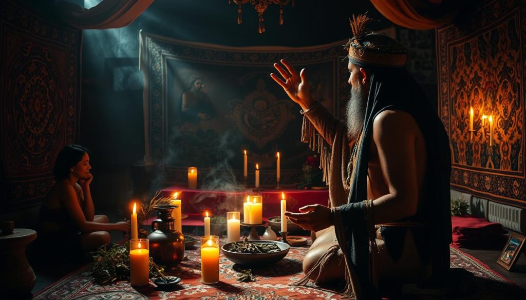 A vibrant ritual scene of "quitar mal ojo" unfolds. In the foreground, a shaman or healer performs a cleansing ceremony, waving herbs and candles to ward off the evil eye. Intricate tapestries and symbolic objects adorn the middle ground, creating an atmospheric, mystical ambiance. The background depicts a dimly lit, shadowy environment, evoking a sense of the unseen forces being confronted. Soft, warm lighting casts a gentle glow, heightening the spiritual and contemplative mood. The entire composition conveys the step-by-step process of removing the harmful effects of the mal de ojo, as described in the article's section. A vibrant ritual scene of "quitar mal ojo" unfolds. In the foreground, a shaman or healer performs a cleansing ceremony, waving herbs and candles to ward off the evil eye. Intricate tapestries and symbolic objects adorn the middle ground, creating an atmospheric, mystical ambiance. The background depicts a dimly lit, shadowy environment, evoking a sense of the unseen forces being confronted. Soft, warm lighting casts a gentle glow, heightening the spiritual and contemplative mood. The entire composition conveys the step-by-step process of removing the harmful effects of the mal de ojo, as described in the article's section.