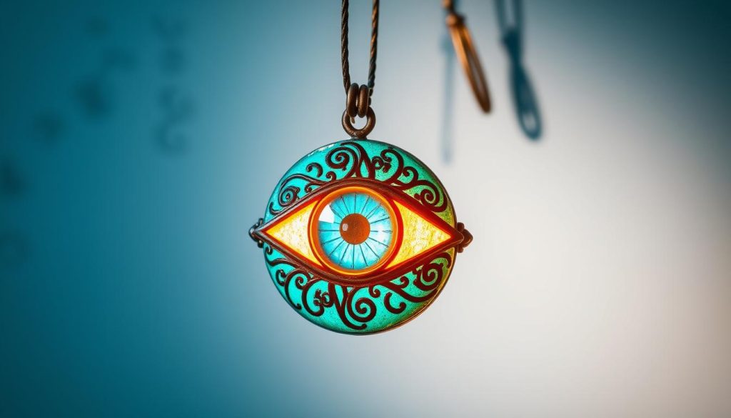 A vibrant turquoise eye-shaped pendant dangles gracefully, casting a mesmerizing glow against a soft azure backdrop. Intricate patterns and swirls of deeper blue hues adorn the surface, creating a captivating visual depth. The pendant is elegantly suspended, illuminated by warm, diffused lighting that casts subtle shadows, emphasizing its captivating three-dimensional form. The overall composition evokes a sense of serenity and tranquility, inviting the viewer to discover the alluring details and harmonious color palette of this exquisite Turkish-inspired bracelet accessory.