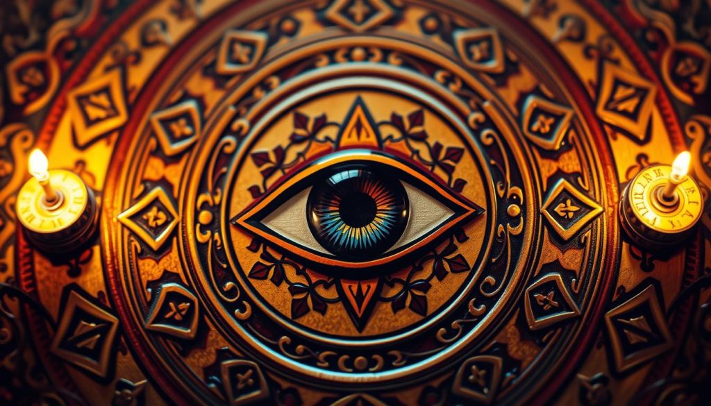 A vibrantly detailed eye in the center of the frame, encircled by a mystic Turkish motif. Ornate patterns and symbols radiate outward, creating a layered, richly textured composition. Soft, warm lighting casts a serene, protective glow, conveying the eye's symbolic power to ward off the "evil eye" and bring good fortune. The overall mood is one of spiritual significance, ancient tradition, and mystical energy. The image should captivate the viewer, drawing them into the symbolic, talismanic essence of the Turkish eye design.