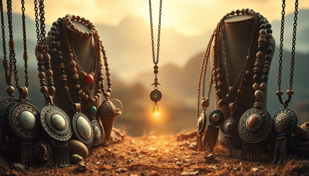 A visually striking scene depicting an array of intricate necklaces and pendants against a serene, earthy backdrop. The collares, crafted with an array of natural materials - gemstones, minerals, shells, and woven fibers - exude a sense of protection and cultural significance. Soft, diffused lighting casts a warm, contemplative glow, highlighting the textures and hues of the jewelry pieces. The middle ground features a central focal point, a pendant or amulet, radiating an aura of spiritual significance. The background blends ethereal landscapes, hinting at the ancient traditions and beliefs embodied by these protective talismans. An atmospheric, reverent mood permeates the scene, inviting the viewer to appreciate the deep cultural symbolism behind these captivating collares. A visually striking scene depicting an array of intricate necklaces and pendants against a serene, earthy backdrop. The collares, crafted with an array of natural materials - gemstones, minerals, shells, and woven fibers - exude a sense of protection and cultural significance. Soft, diffused lighting casts a warm, contemplative glow, highlighting the textures and hues of the jewelry pieces. The middle ground features a central focal point, a pendant or amulet, radiating an aura of spiritual significance. The background blends ethereal landscapes, hinting at the ancient traditions and beliefs embodied by these protective talismans. An atmospheric, reverent mood permeates the scene, inviting the viewer to appreciate the deep cultural symbolism behind these captivating collares.