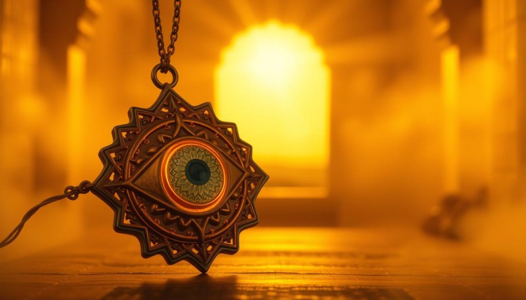 A vivid and detailed illustration of a glowing, golden-yellow "Turkish eye" amulet against a warm, radiant backdrop. The amulet is prominently featured in the foreground, its intricate designs and textures captured in high resolution. The middle ground showcases a tranquil, sun-drenched scene, perhaps a serene landscape or a calming interior, evoking a sense of energy, joy, and spiritual renewal. The background is hazy and atmospheric, with soft lighting that bathes the entire composition in a golden, soothing glow. The overall mood is one of deep contemplation, vitality, and the activation of protective, ancient energies.