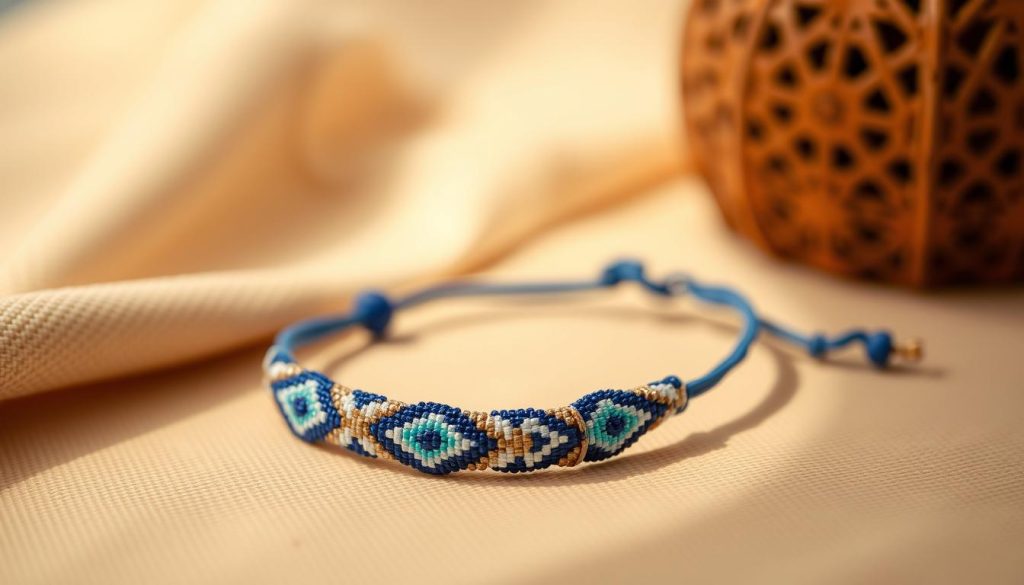A warm, inviting composition featuring a central Turkish evil eye bracelet crafted from intricate beadwork, set against a soft, muted background. The bracelet, with its distinctive blue and white pattern, is the focal point, captured in close-up with gentle, natural lighting illuminating its details. The overall mood is one of confidence, authenticity and cultural heritage, perfectly complementing the section title "Compra con confianza hoy". The image should evoke a sense of timeless style and craftsmanship, encouraging the viewer to trust in the quality and significance of this classic accessory.