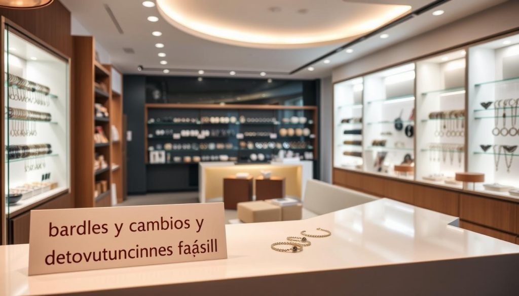 A welcoming, well-lit retail storefront with an eye-catching display showcasing a variety of stylish Turkish evil eye bracelets. The foreground features a clean, minimalist counter with a prominent "Cambios y devoluciones fácil" sign in a warm, inviting font. The middle ground boasts a tasteful arrangement of the bracelets, each one shimmering with a unique charm. The background depicts a bright, airy interior with sleek shelving, gentle natural lighting, and a serene atmosphere that evokes a sense of effortless shopping. The overall scene conveys a pleasant, hassle-free shopping experience tailored to the article's focus on the best Turkish evil eye bracelets.