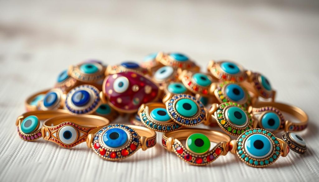 A whimsical collection of children's Turkish evil eye bracelets, elegantly crafted with intricate patterns and vibrant colors. The bracelets are arranged in a visually striking composition, with each one casting a protective gaze against negative forces. The foreground features the bracelets in sharp focus, their rich textures and glossy finishes accentuated by soft, diffused lighting. The middle ground showcases the bracelets in a harmonious array, while the background is a subtly blurred, neutral tone that allows the jewelry to take center stage. The overall mood is one of childlike wonder, inviting the viewer to appreciate the cultural significance and artistry behind these meaningful talismans. A whimsical collection of children's Turkish evil eye bracelets, elegantly crafted with intricate patterns and vibrant colors. The bracelets are arranged in a visually striking composition, with each one casting a protective gaze against negative forces. The foreground features the bracelets in sharp focus, their rich textures and glossy finishes accentuated by soft, diffused lighting. The middle ground showcases the bracelets in a harmonious array, while the background is a subtly blurred, neutral tone that allows the jewelry to take center stage. The overall mood is one of childlike wonder, inviting the viewer to appreciate the cultural significance and artistry behind these meaningful talismans.