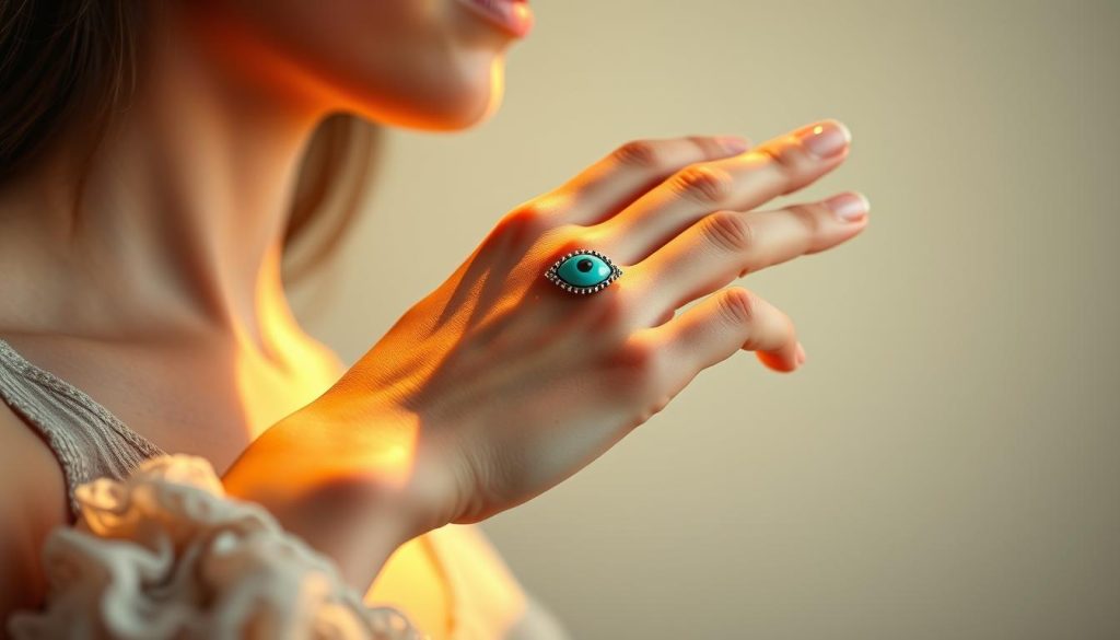 A woman's hand adorned with a vibrant turquoise-colored Turkish eye pendant, resting delicately against a soft, neutral background. The pendant is showcased in a close-up, high-resolution view, capturing the intricate details and the mesmerizing gaze of the eye design. Warm, directional lighting illuminates the hand, creating a sense of depth and emphasizing the pendant's three-dimensional quality. The overall mood is serene and contemplative, inviting the viewer to appreciate the symbolic significance of the Turkish eye amulet.